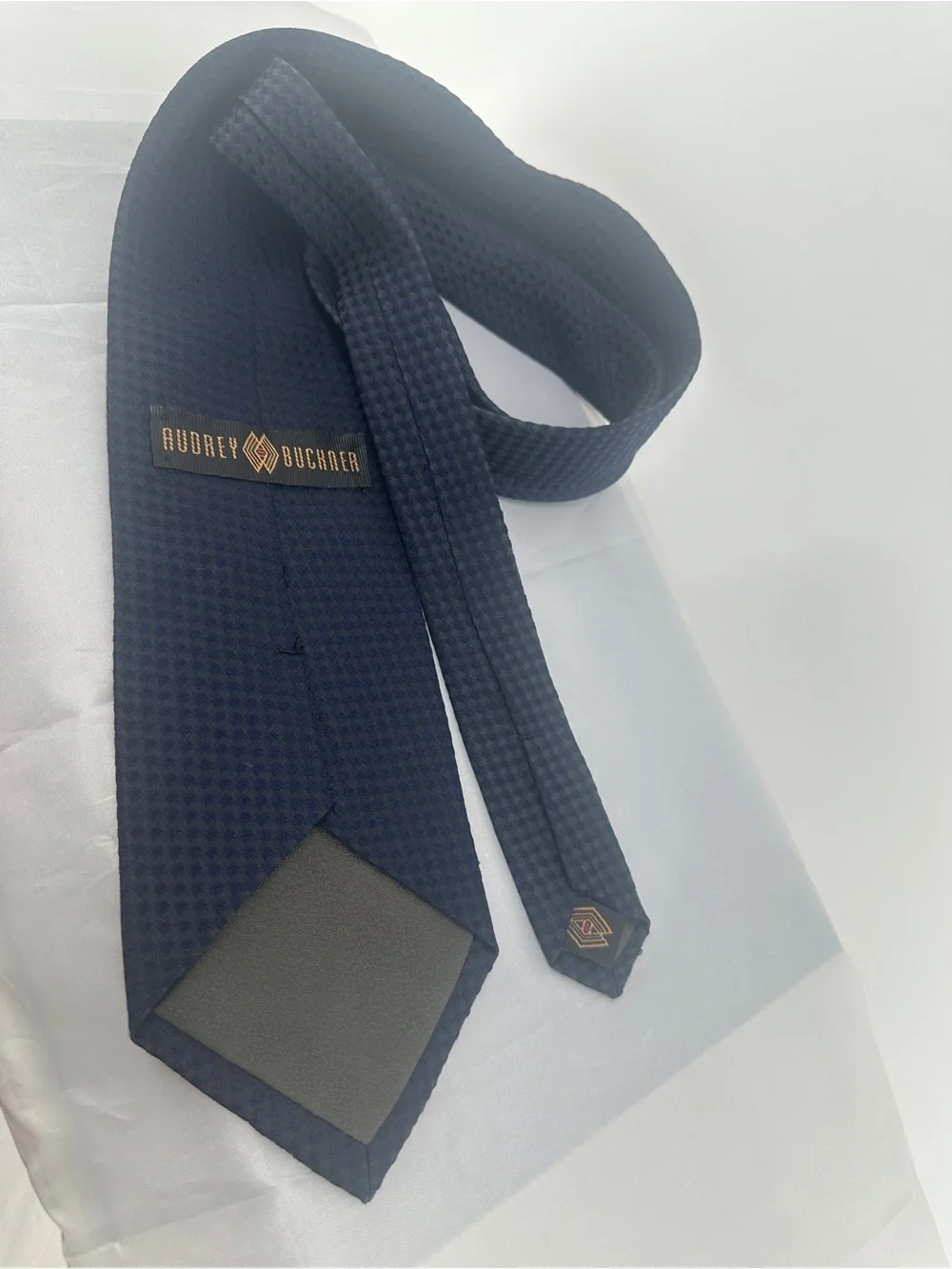 Audrey Buckner green and blue square silk tie